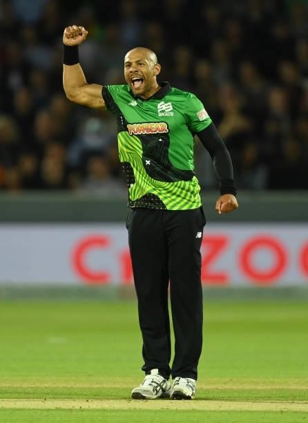 Tymal Mills of Southern Brave celebrates after dismissing Miles Hammond of Birmingham Phoenix during The Hundred Final match between Birmingham...