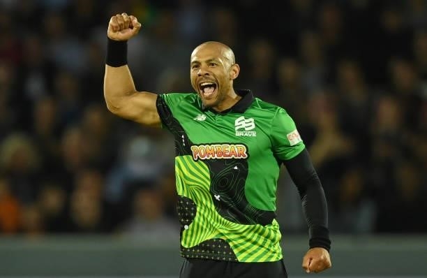 Tymal Mills of Southern Brave celebrates after dismissing Miles Hammond of Birmingham Phoenix during The Hundred Final match between Birmingham...