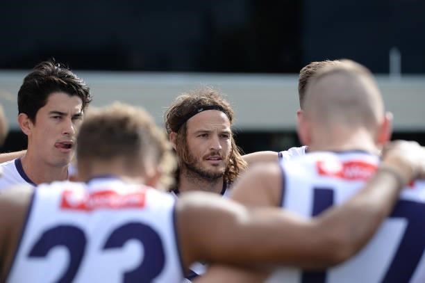 James Aish of the Dockers is seen during the round 23 AFL match between St Kilda Saints and Fremantle Dockers at Blundstone Arena on August 22, 2021...