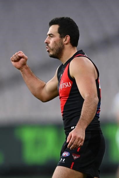 Alec Waterman of the Bombers celebrates kicking a goal during the round 23 AFL match between Essendon Bombers and Collingwood Magpies at Melbourne...