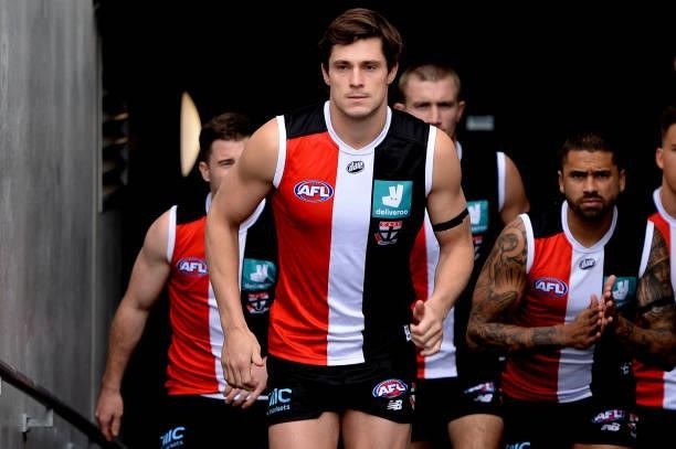 Jack Steele of the Saints leads out the team during the round 23 AFL match between St Kilda Saints and Fremantle Dockers at Blundstone Arena on...