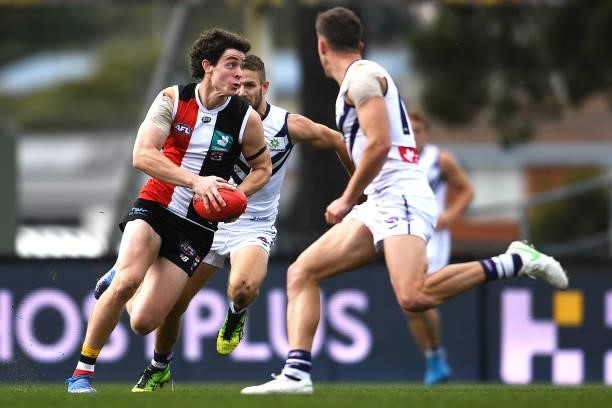 Jack Sinclair of the Saints runs the ball during the round 23 AFL match between St Kilda Saints and Fremantle Dockers at Blundstone Arena on August...
