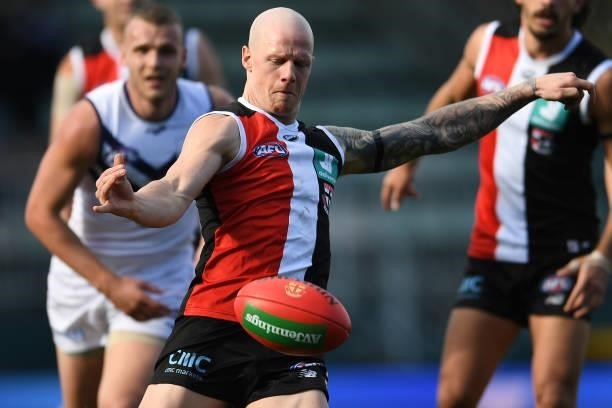 Zak Jones of the Saints kicks the ball during the round 23 AFL match between St Kilda Saints and Fremantle Dockers at Blundstone Arena on August 22,...