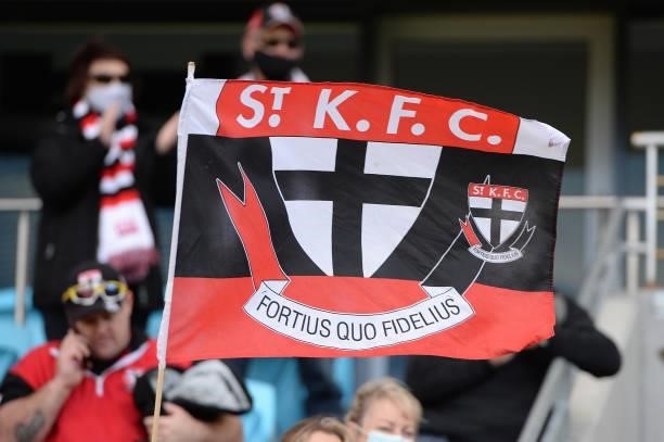 St Kilda flag is seen during the round 23 AFL match between St Kilda Saints and Fremantle Dockers at Blundstone Arena on August 22, 2021 in Hobart,...
