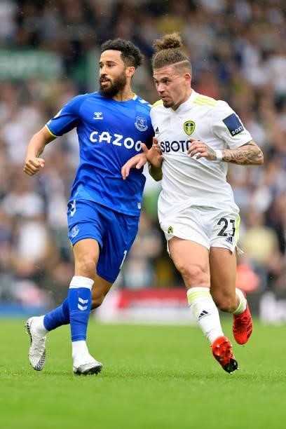 Andros Townsend of Everton and Kalvin Phillips of Leeds during the Premier League match between Leeds United and Everton at Elland Road on August 21...