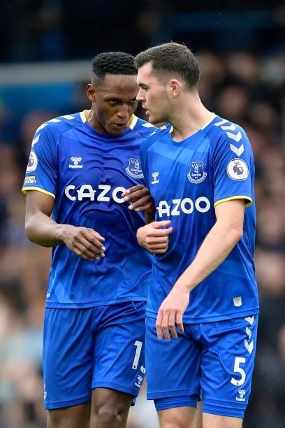 Yerry Mina and Michael Keane of Everton during the Premier League match between Leeds United and Everton at Elland Road on August 21 2021 in Leeds,...
