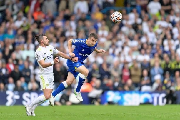 Seamus Coleman of Everton heads the ball clear during the Premier League match between Leeds United and Everton at Elland Road on August 21 2021 in...