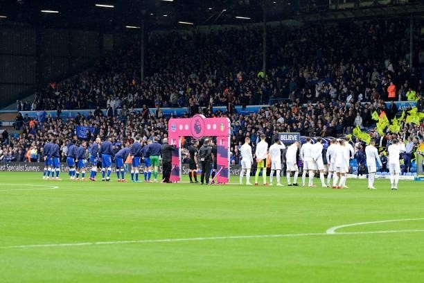 Everton fans as both teams line up before the Premier League match between Leeds United and Everton at Elland Road on August 21 2021 in Leeds,...
