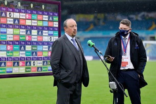 Rafael Benitez speaks to the media after the Premier League match between Leeds United and Everton at Elland Road on August 21 2021 in Leeds, England.