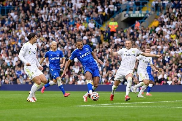 Dominic Calvert-Lewin of Everton with a chance on goal during the Premier League match between Leeds United and Everton at Elland Road on August 21...