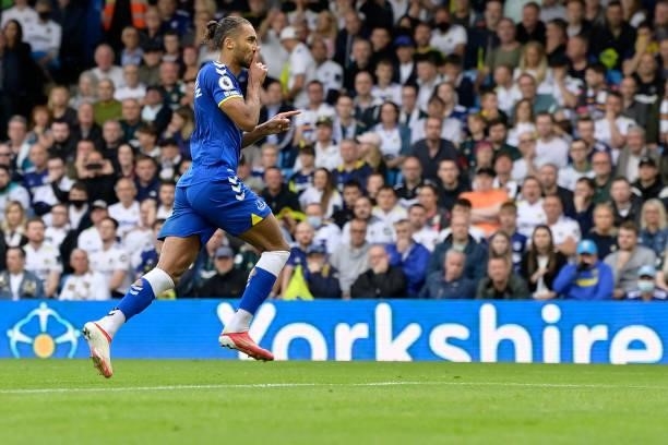 Dominic Calvert-Lewin of Everton celebrates his goal during the Premier League match between Leeds United and Everton at Elland Road on August 21...