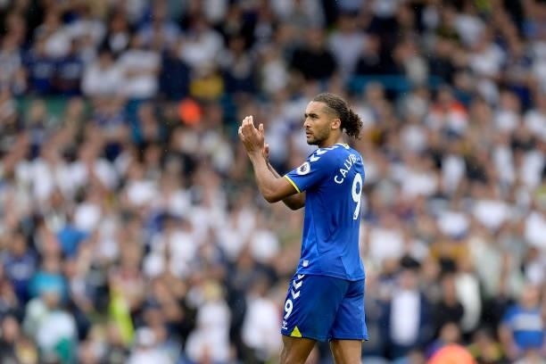 Dominic Calvert-Lewin of Everton applauds the travelling fans during the Premier League match between Leeds United and Everton at Elland Road on...