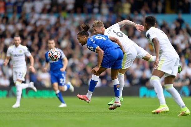 Dominic Calvert-Lewin of Everton and Liam Cooper challenge for the ball during the Premier League match between Leeds United and Everton at Elland...