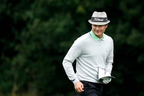 Tapio Pulkkanen of Finland smiles on the fourth hole during Day Four of The D+D Real Czech Masters at Albatross Golf Resort on August 22, 2021 in...