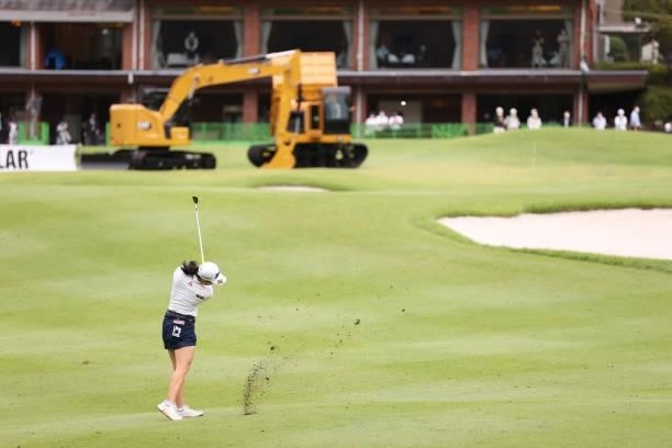 Sakura Koiwai of Japan hits her third shot on the 18th hole during the final round of the CAT Ladies at Daihakone Country Club on August 22, 2021 in...