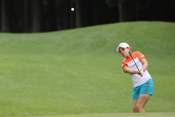 Mika Miyazato of Japan chips onto the 13th green during the final round of the CAT Ladies at Daihakone Country Club on August 22, 2021 in Hakone,...