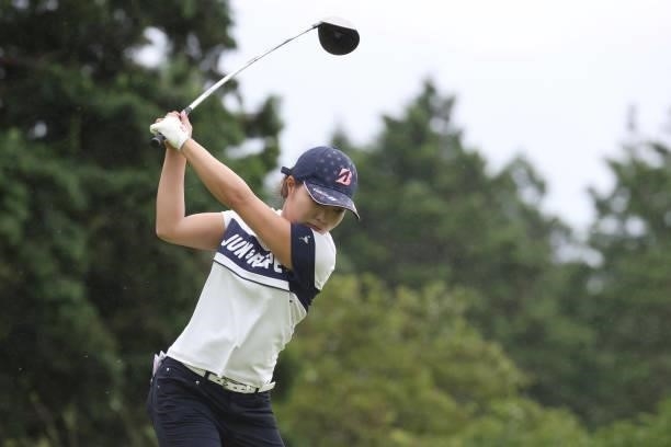 Sayaka Takahashi of Japan hits her tee shot on the 9th hole during the final round of the CAT Ladies at Daihakone Country Club on August 22, 2021 in...