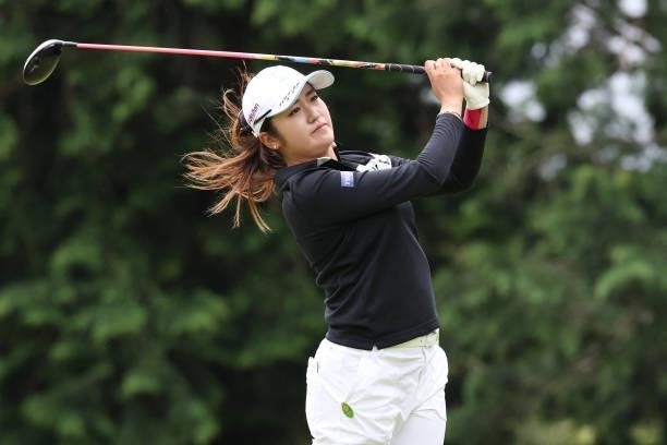 Mone Inami of Japan hits her tee shot on the 8th hole during the final round of the CAT Ladies at Daihakone Country Club on August 22, 2021 in...