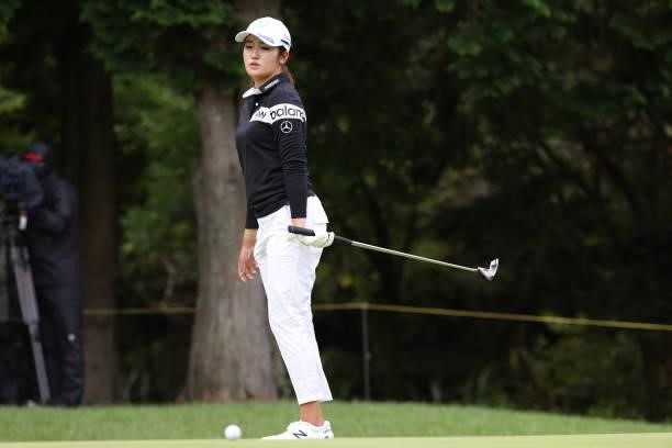 Mone Inami of Japan reacts after putt on the 16th hole during the final round of the CAT Ladies at Daihakone Country Club on August 22, 2021 in...