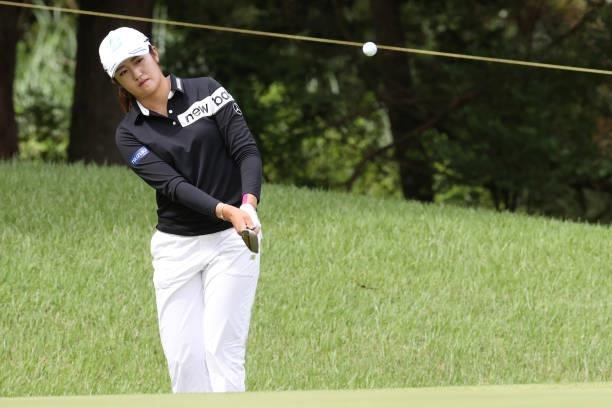 Mone Inami of Japan chips onto the 16th green during the final round of the CAT Ladies at Daihakone Country Club on August 22, 2021 in Hakone,...