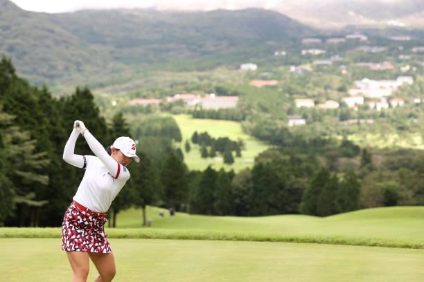 Yuri Yoshida of Japan hits her tee shot on the 16th hole during the final round of the CAT Ladies at Daihakone Country Club on August 22, 2021 in...