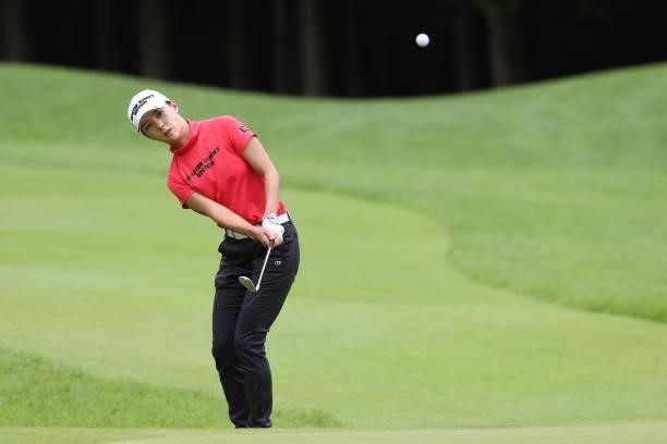 Chae-Young Yoon of South Korea chips onto the 13th green during the final round of the CAT Ladies at Daihakone Country Club on August 22, 2021 in...