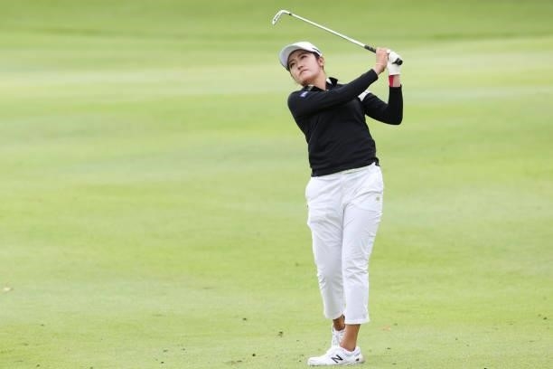Mone Inami of Japan hits her second shot on the 8th hole during the final round of the CAT Ladies at Daihakone Country Club on August 22, 2021 in...