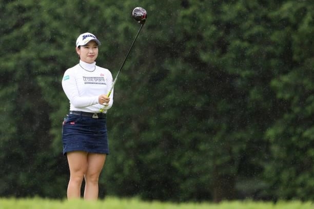Sakura Koiwai of Japan hits her tee shot on the 8th hole during the final round of the CAT Ladies at Daihakone Country Club on August 22, 2021 in...