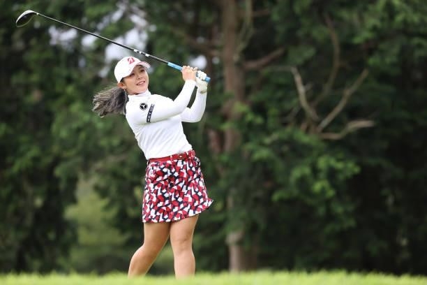 Yuri Yoshida of Japan hits her tee shot on the 8th hole during the final round of the CAT Ladies at Daihakone Country Club on August 22, 2021 in...