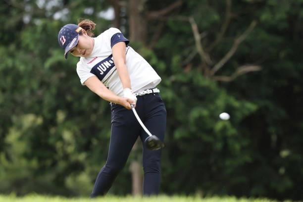 Sayaka Takahashi of Japan hits her tee shot on the 8th hole during the final round of the CAT Ladies at Daihakone Country Club on August 22, 2021 in...