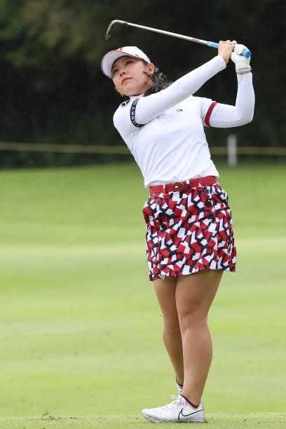 Yuri Yoshida of Japan hits her second shot on the 8th hole during the final round of the CAT Ladies at Daihakone Country Club on August 22, 2021 in...