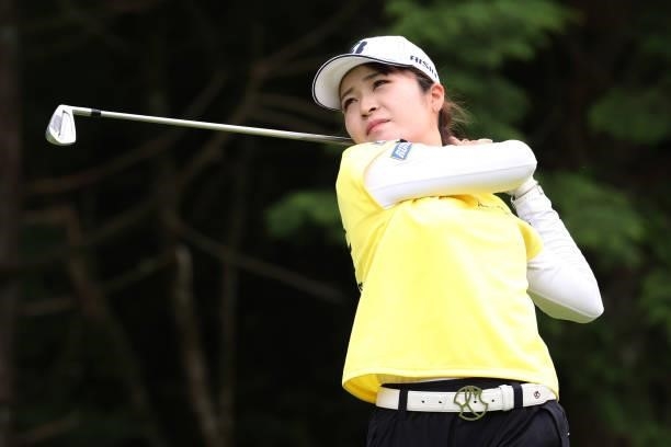 Kana Mikashima of Japan hits her tee shot on the 15th hole during the final round of the CAT Ladies at Daihakone Country Club on August 22, 2021 in...