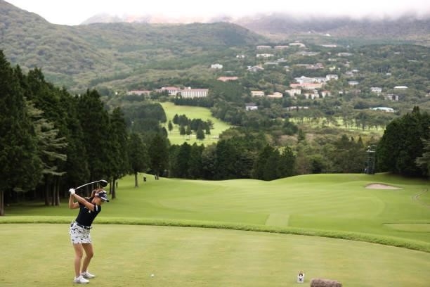 Ayako Kimura of Japan hits her tee shot on the 16th hole during the final round of the CAT Ladies at Daihakone Country Club on August 22, 2021 in...