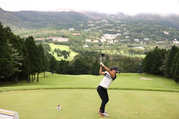 Sayaka Takahashi of Japan hits her tee shot on the 16th hole during the final round of the CAT Ladies at Daihakone Country Club on August 22, 2021 in...