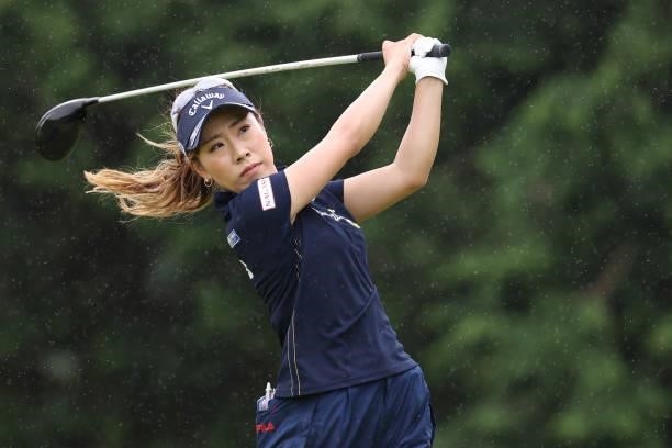 Ayako Kimura of Japan hits her tee shot on the 8th hole during the final round of the CAT Ladies at Daihakone Country Club on August 22, 2021 in...