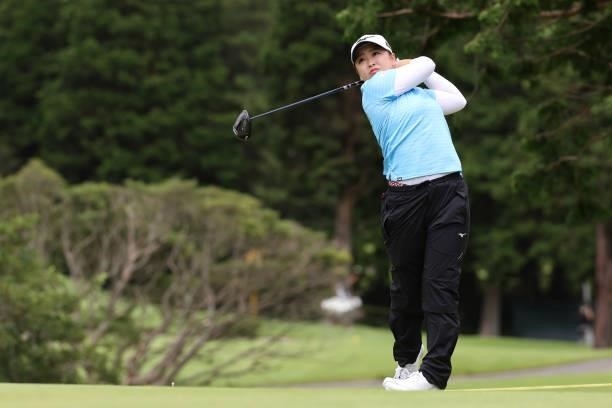Mao Saigo of Japan hits her tee shot on the 7th hole during the final round of the CAT Ladies at Daihakone Country Club on August 22, 2021 in Hakone,...