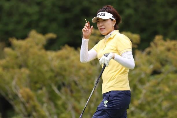 Shiho Oyama of Japan reacts during the final round of the CAT Ladies at Daihakone Country Club on August 22, 2021 in Hakone, Kanagawa, Japan.