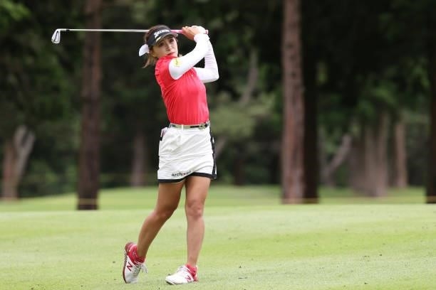 Reika Usui of Japan hits her second shot on the 7th hole during the final round of the CAT Ladies at Daihakone Country Club on August 22, 2021 in...