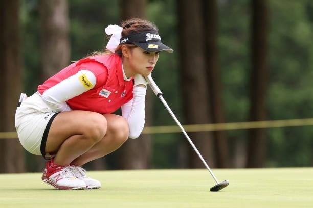 Reika Usui of Japan lines up her putt on the 6th hole during the final round of the CAT Ladies at Daihakone Country Club on August 22, 2021 in...