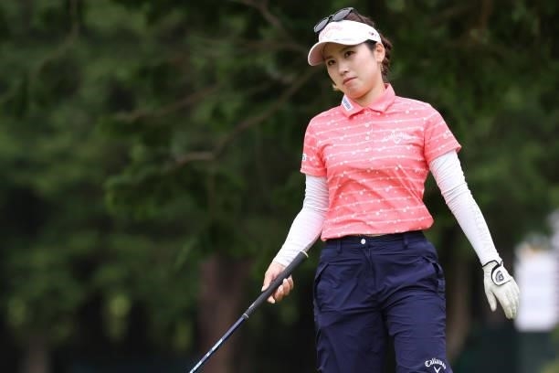 Yuna Nishimura of Japan hits her tee shot on the 7th hole during the final round of the CAT Ladies at Daihakone Country Club on August 22, 2021 in...