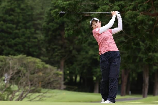 Sumika Nakasone of Japan hits her tee shot on the 7th hole during the final round of the CAT Ladies at Daihakone Country Club on August 22, 2021 in...