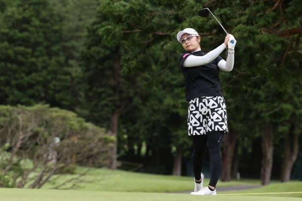 Saiki Fujita of Japan hits her tee shot on the 7th hole during the final round of the CAT Ladies at Daihakone Country Club on August 22, 2021 in...