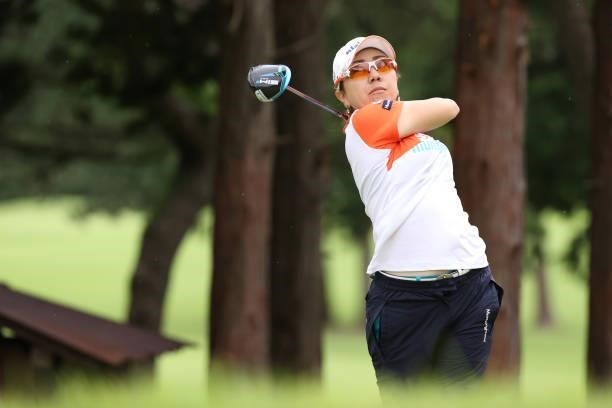Mika Miyazato of Japan hits her tee shot on the 6th hole during the final round of the CAT Ladies at Daihakone Country Club on August 22, 2021 in...