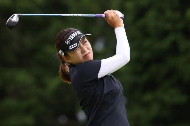 Maria Shinohara of Japan hits her tee shot on the 6th hole during the final round of the CAT Ladies at Daihakone Country Club on August 22, 2021 in...