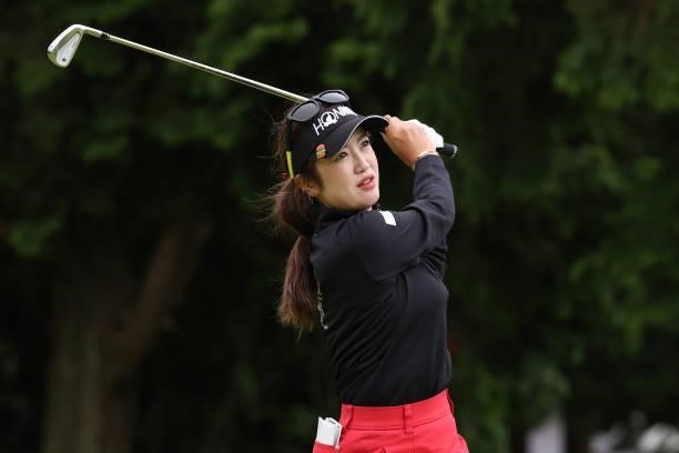 Nanoko Hayashi of Japan hits her tee shot on the 7th hole during the final round of the CAT Ladies at Daihakone Country Club on August 22, 2021 in...