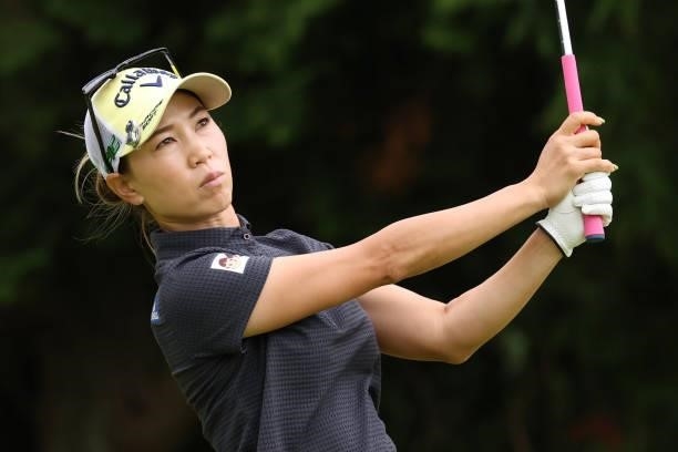 Momoko Ueda of Japan hits her tee shot on the 7th hole during the final round of the CAT Ladies at Daihakone Country Club on August 22, 2021 in...