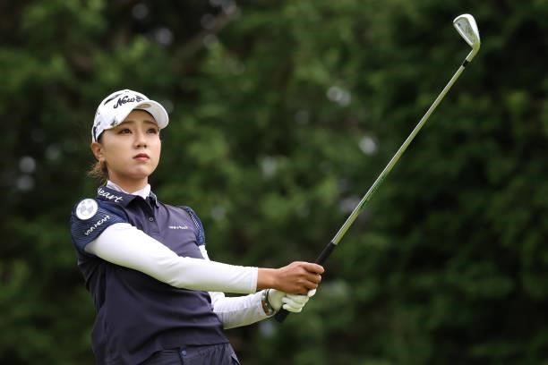 Naruha Miyata of Japan hits her tee shot on the 7th hole during the final round of the CAT Ladies at Daihakone Country Club on August 22, 2021 in...