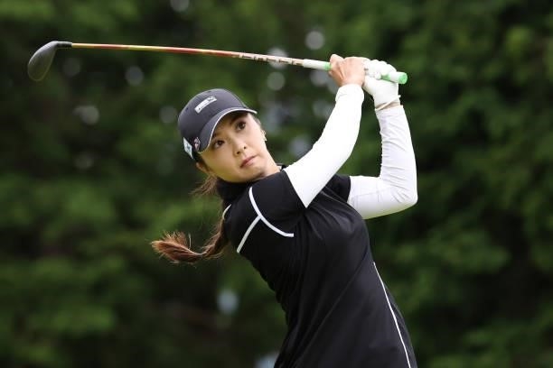 Erika Kikuchi of Japan hits her tee shot on the 7th hole during the final round of the CAT Ladies at Daihakone Country Club on August 22, 2021 in...