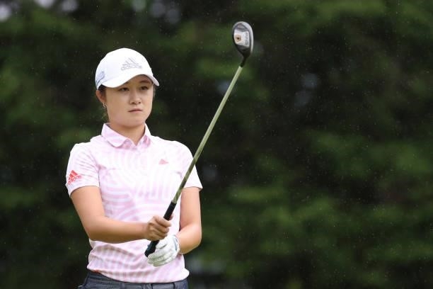 Haruka Morita of japan hits her tee shot on the 6th hole during the final round of the CAT Ladies at Daihakone Country Club on August 22, 2021 in...