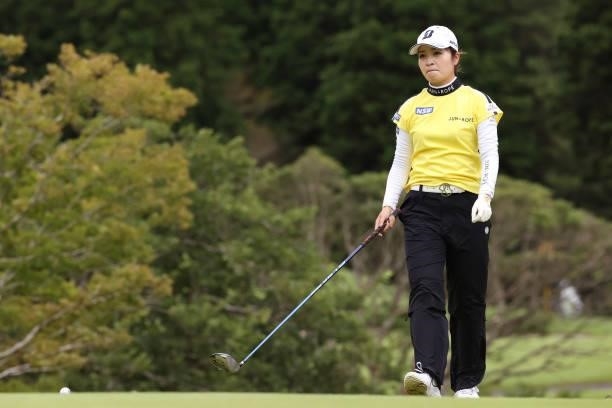 Kana Mikashima of Japan hits her tee shot on the 7th hole during the final round of the CAT Ladies at Daihakone Country Club on August 22, 2021 in...